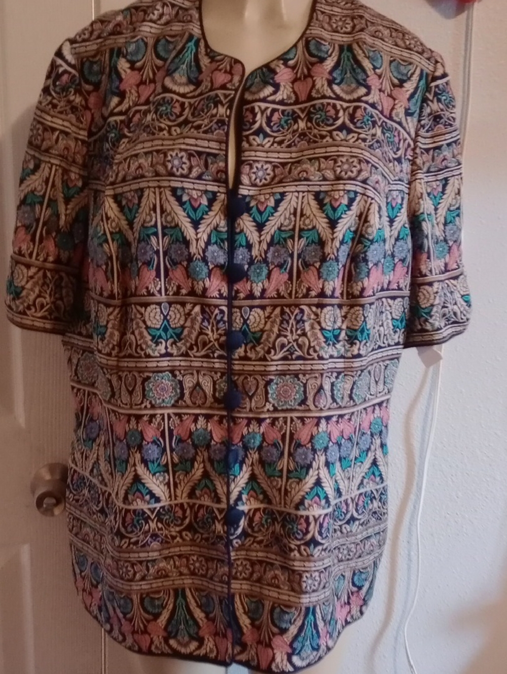 Adrianna Papell Navy Blue, Gold & Cream Silk Scarf Blouse